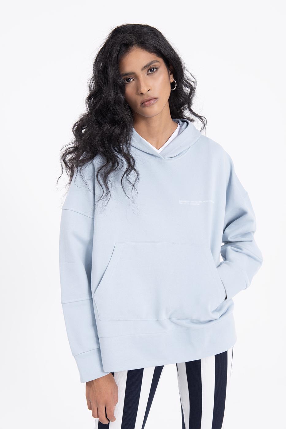 Bayan Mavi Kapüşonlu Baskı Detaylı Sweatshırt