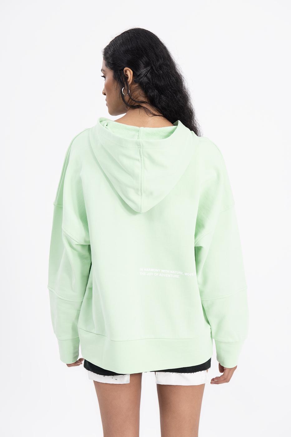 Bayan Yeşil Kapüşonlu Baskı Detaylı Sweatshırt