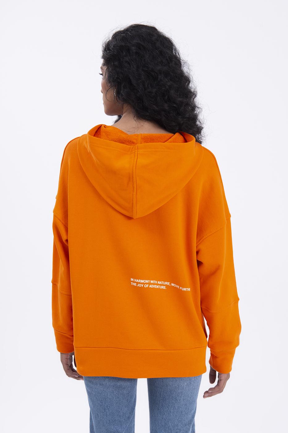 Bayan Oranj Kapüşonlu Baskı Detaylı Sweatshırt