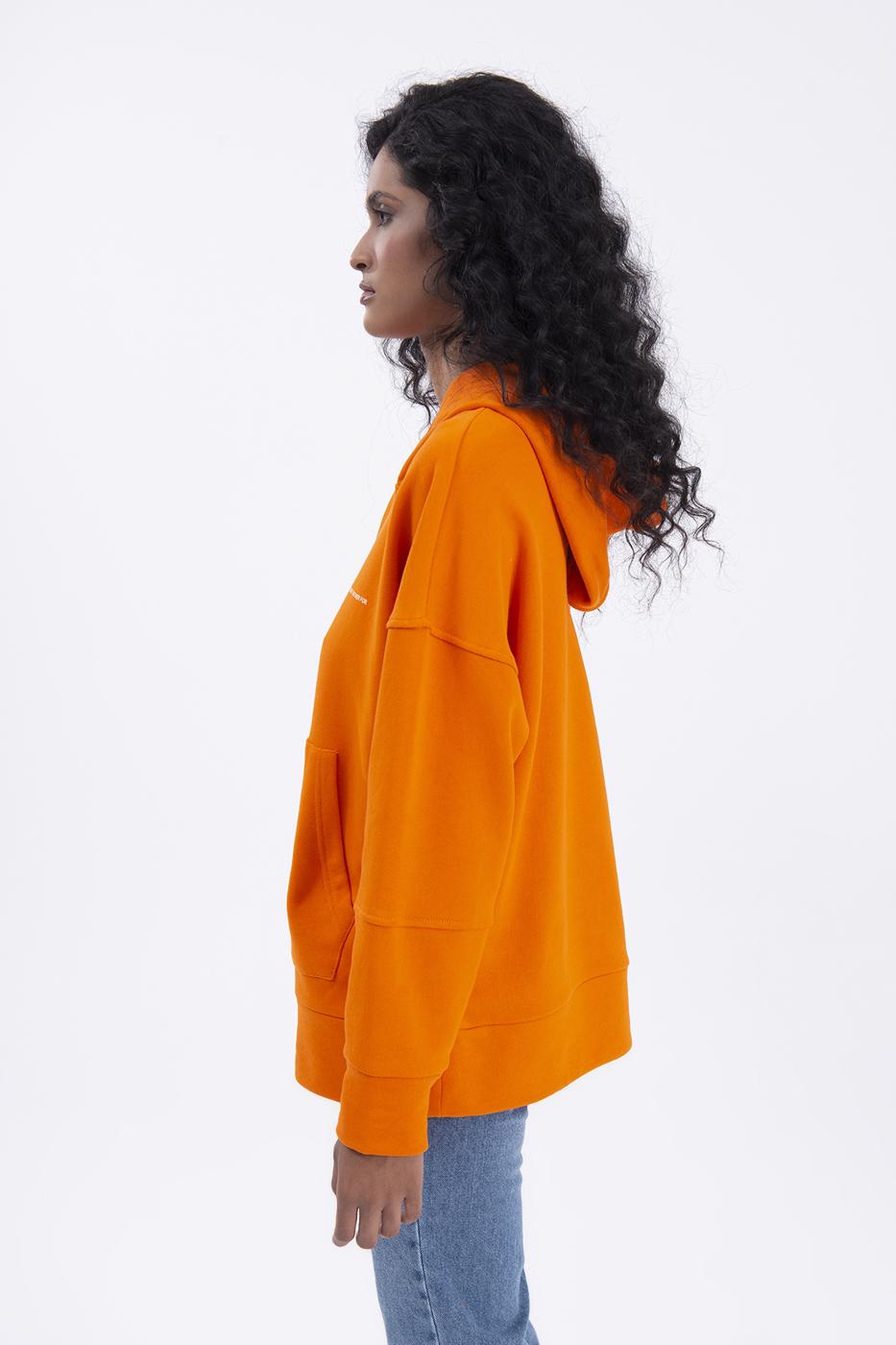 Bayan Oranj Kapüşonlu Baskı Detaylı Sweatshırt