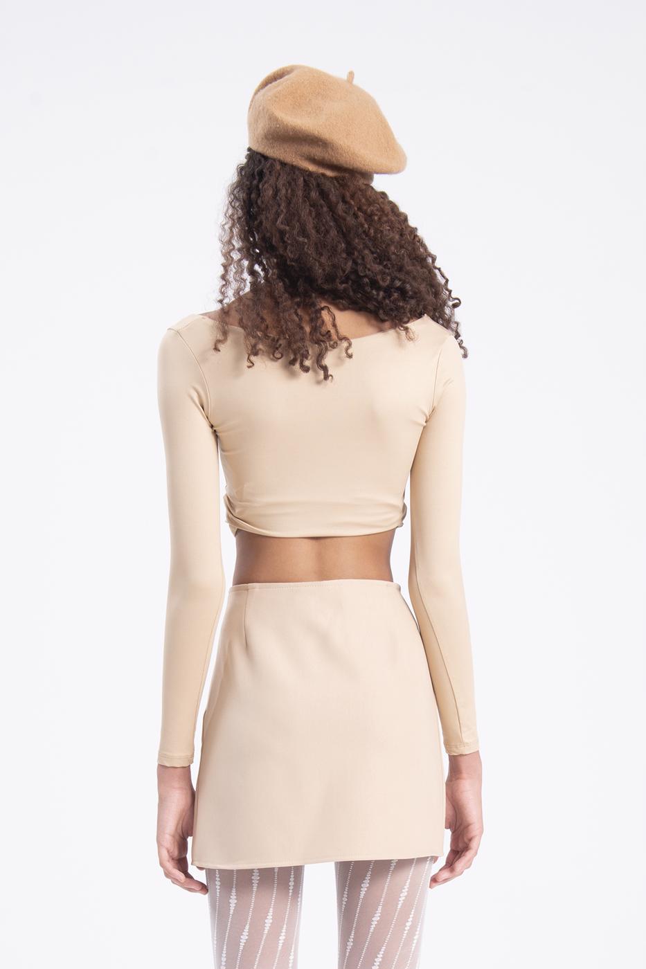 Bayan Bej Yırtmaçlı Mini Dar Etek