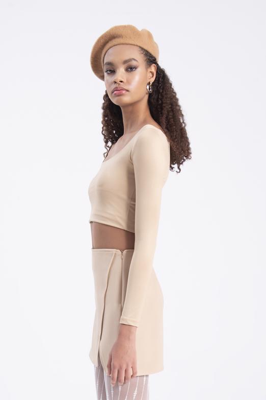 Bayan Bej Yırtmaçlı Mini Dar Etek - BSL