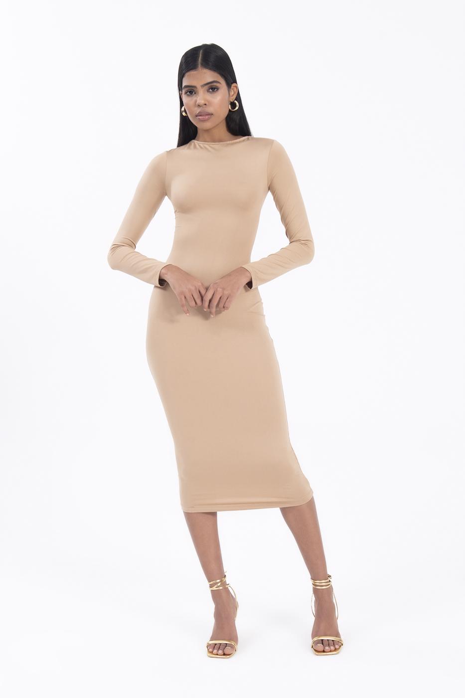 Bayan Bej Sırt Dekolteli Midi Kalem Elbise
