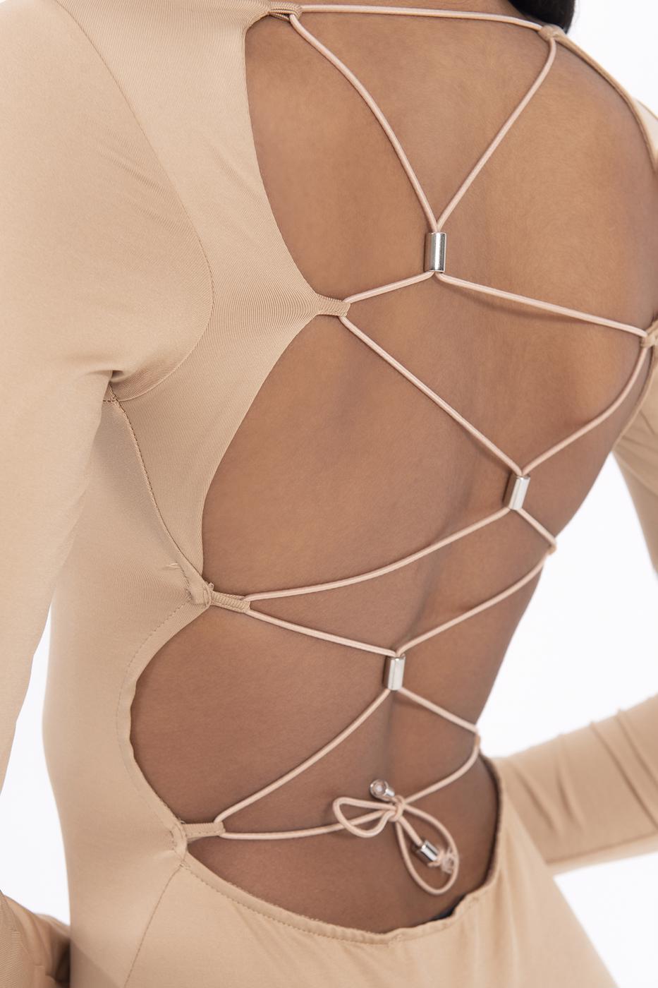 Bayan Bej Sırt Dekolteli Midi Kalem Elbise