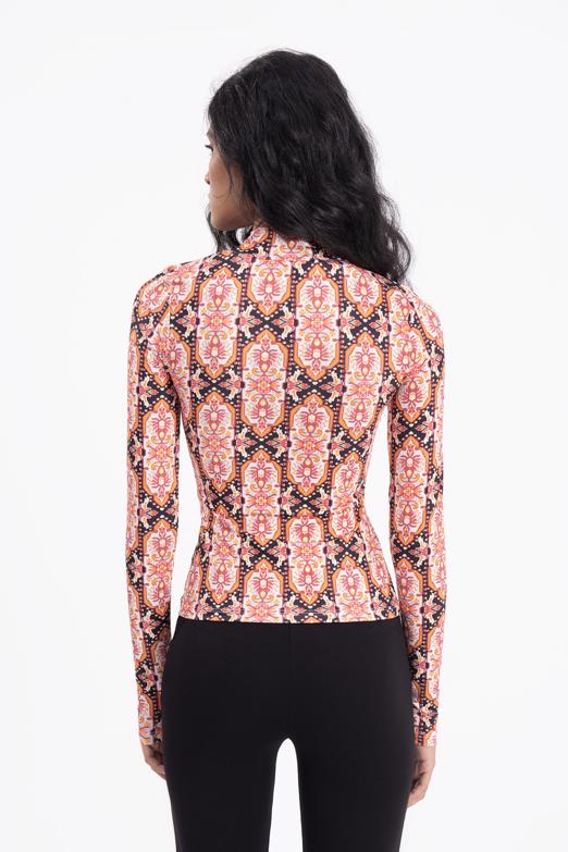 Bayan Pembe Dik Yakalı Desenli Top - BSL