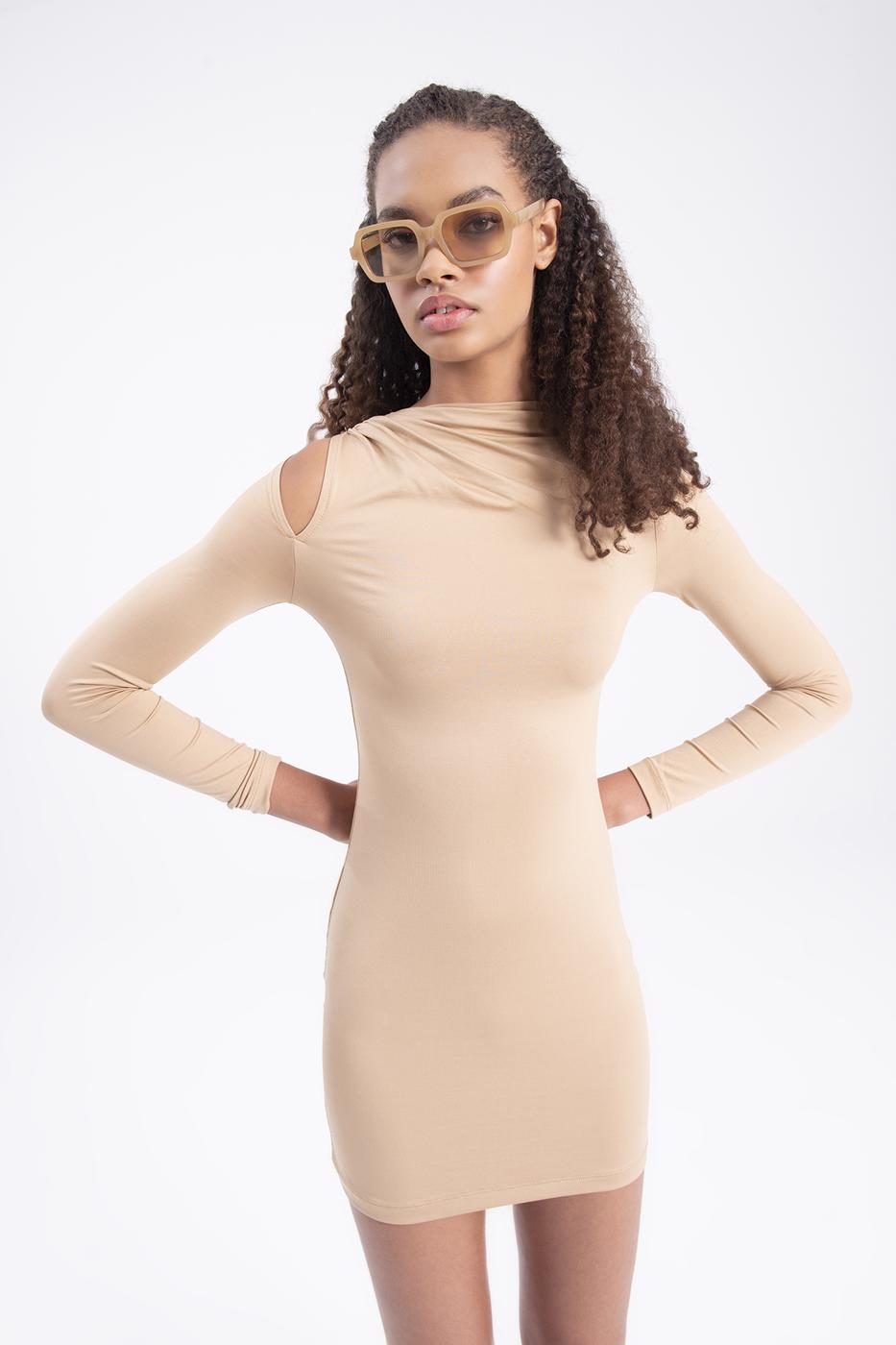 Bayan Bej Omuz Pencere Detaylı Mini Elbise