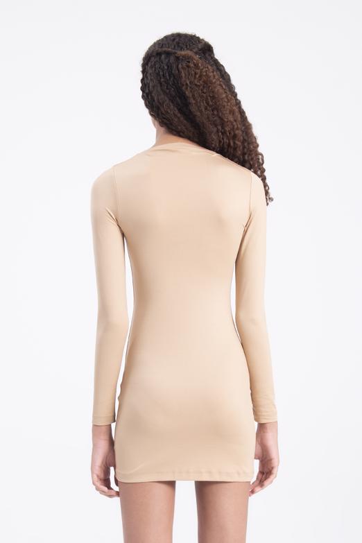 Bayan Bej Omuz Pencere Detaylı Mini Elbise - BSL