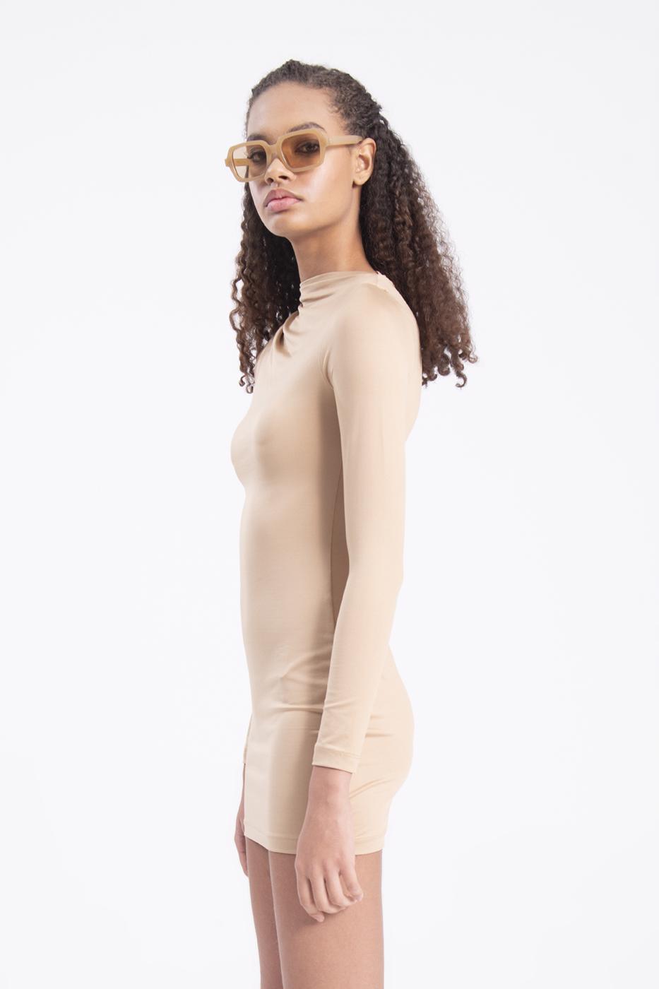 Bayan Bej Omuz Pencere Detaylı Mini Elbise