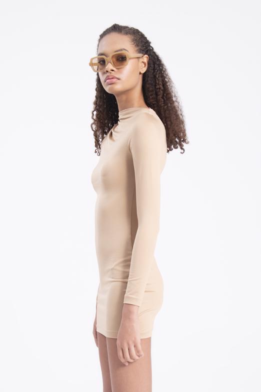 Bayan Bej Omuz Pencere Detaylı Mini Elbise - BSL