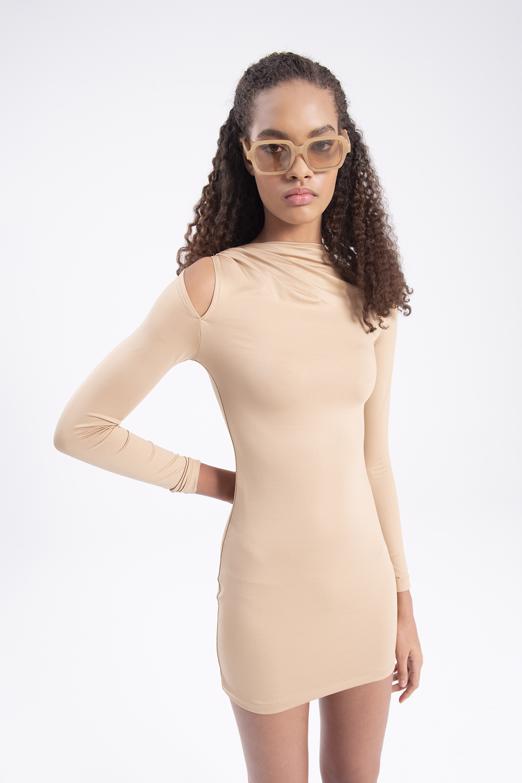 Bayan Bej Omuz Pencere Detaylı Mini Elbise - BSL