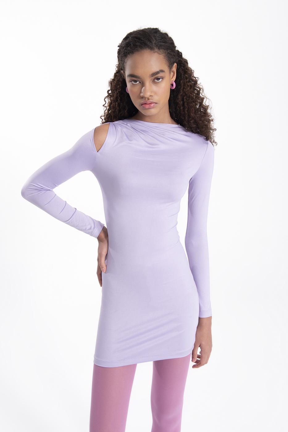 Bayan Lila Omuz Pencere Detaylı Mini Elbise