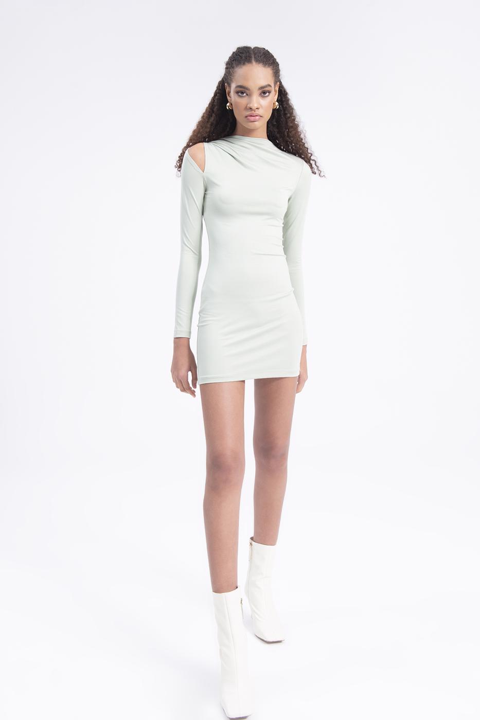 Bayan Yeşil Omuz Pencere Detaylı Mini Elbise