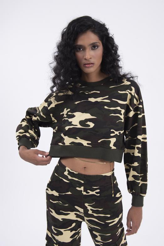Bayan Haki Kamuflaj Basic Sweatshırt - BSL