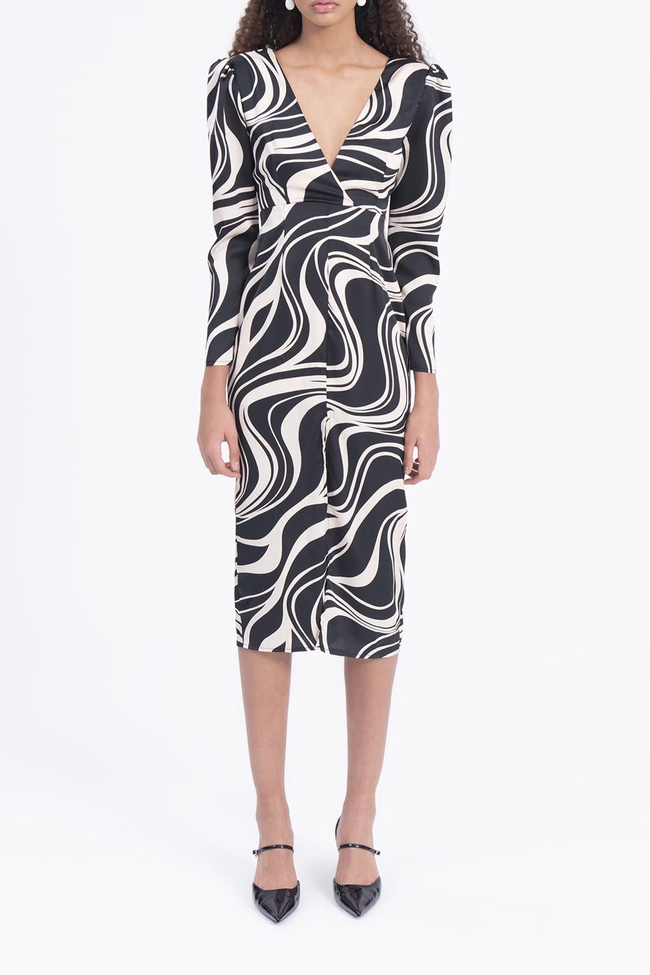 Bayan Bej V Yakalı Saten Midi Elbise