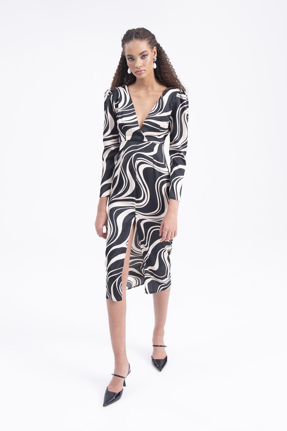 Bayan Bej V Yakalı Saten Midi Elbise