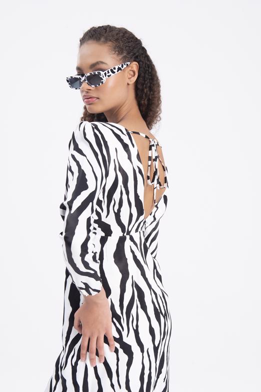 Bayan Beyaz V Yakalı Saten Midi Elbise - BSL