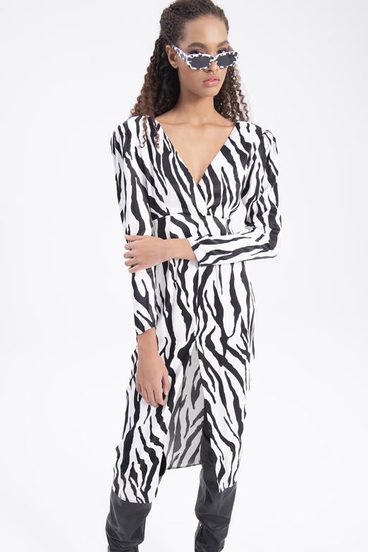 Bayan Beyaz V Yakalı Saten Midi Elbise - BSL