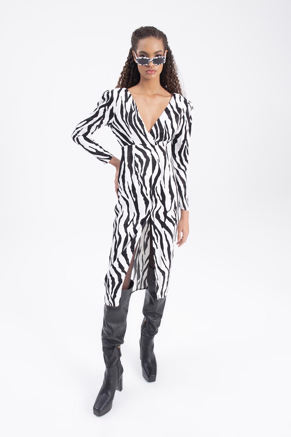 Bayan Beyaz V Yakalı Saten Midi Elbise