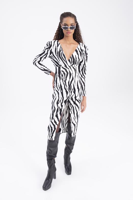 Bayan Beyaz V Yakalı Saten Midi Elbise - BSL