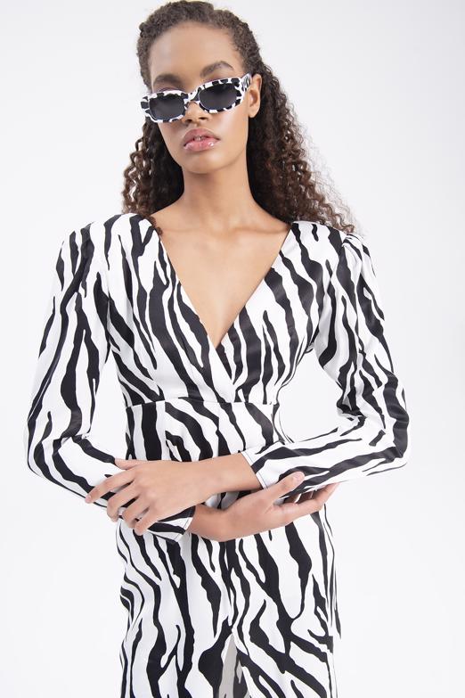 Bayan Beyaz V Yakalı Saten Midi Elbise - BSL