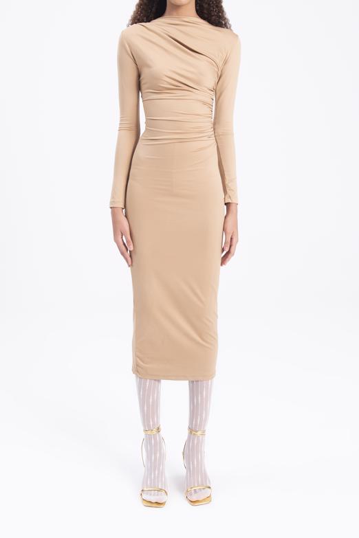 Bayan Bej Drapeli Kalem Midi Elbise - BSL