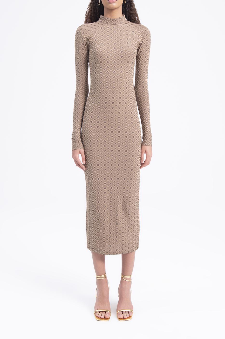 Bayan Bej Sırt Dekolteli Midi Kalem Elbise