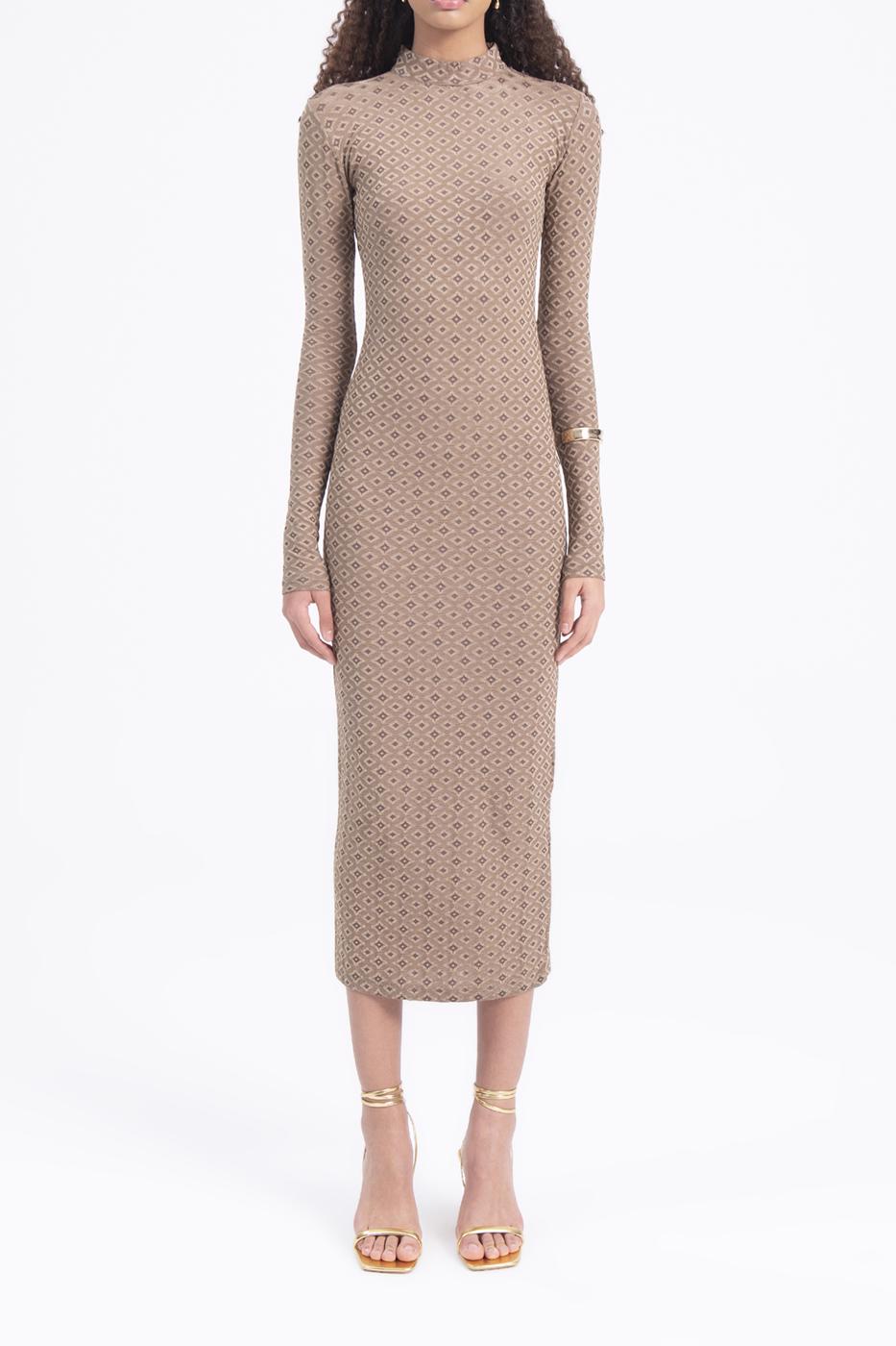 Bayan Bej Sırt Dekolteli Midi Kalem Elbise