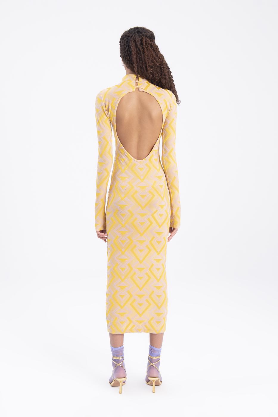 Bayan Sarı Sırt Dekolteli Midi Kalem Elbise