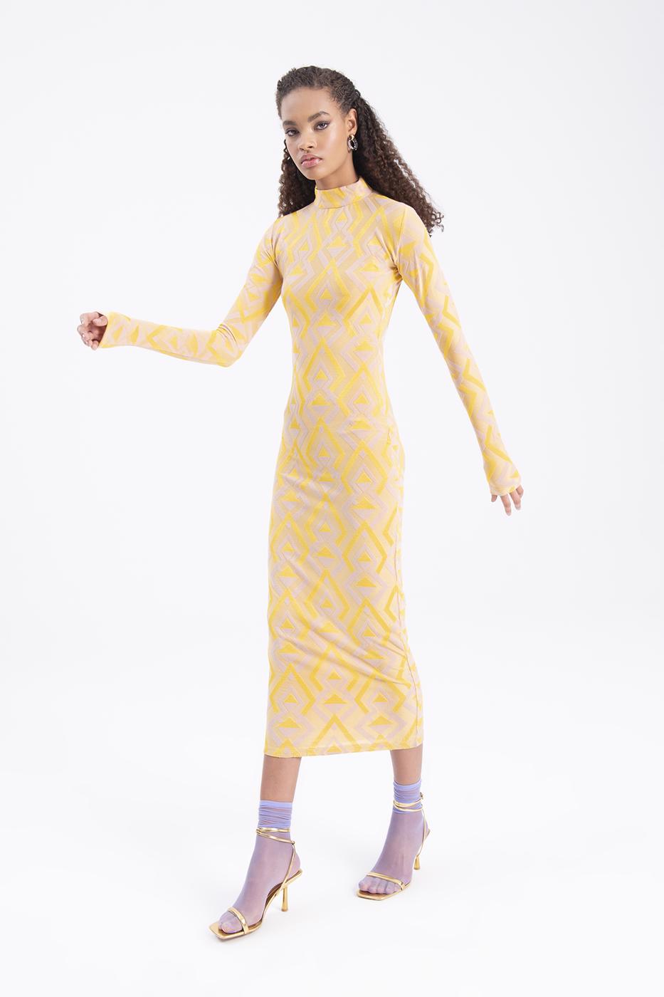 Bayan Sarı Sırt Dekolteli Midi Kalem Elbise