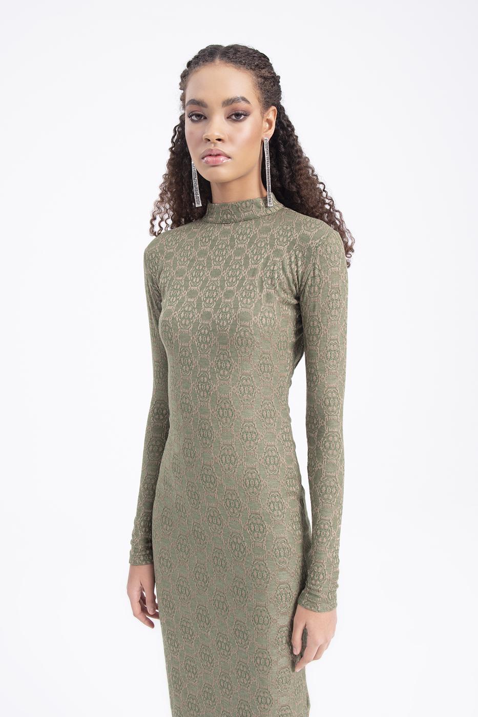 Bayan Yeşil Sırt Dekolteli Midi Kalem Elbise