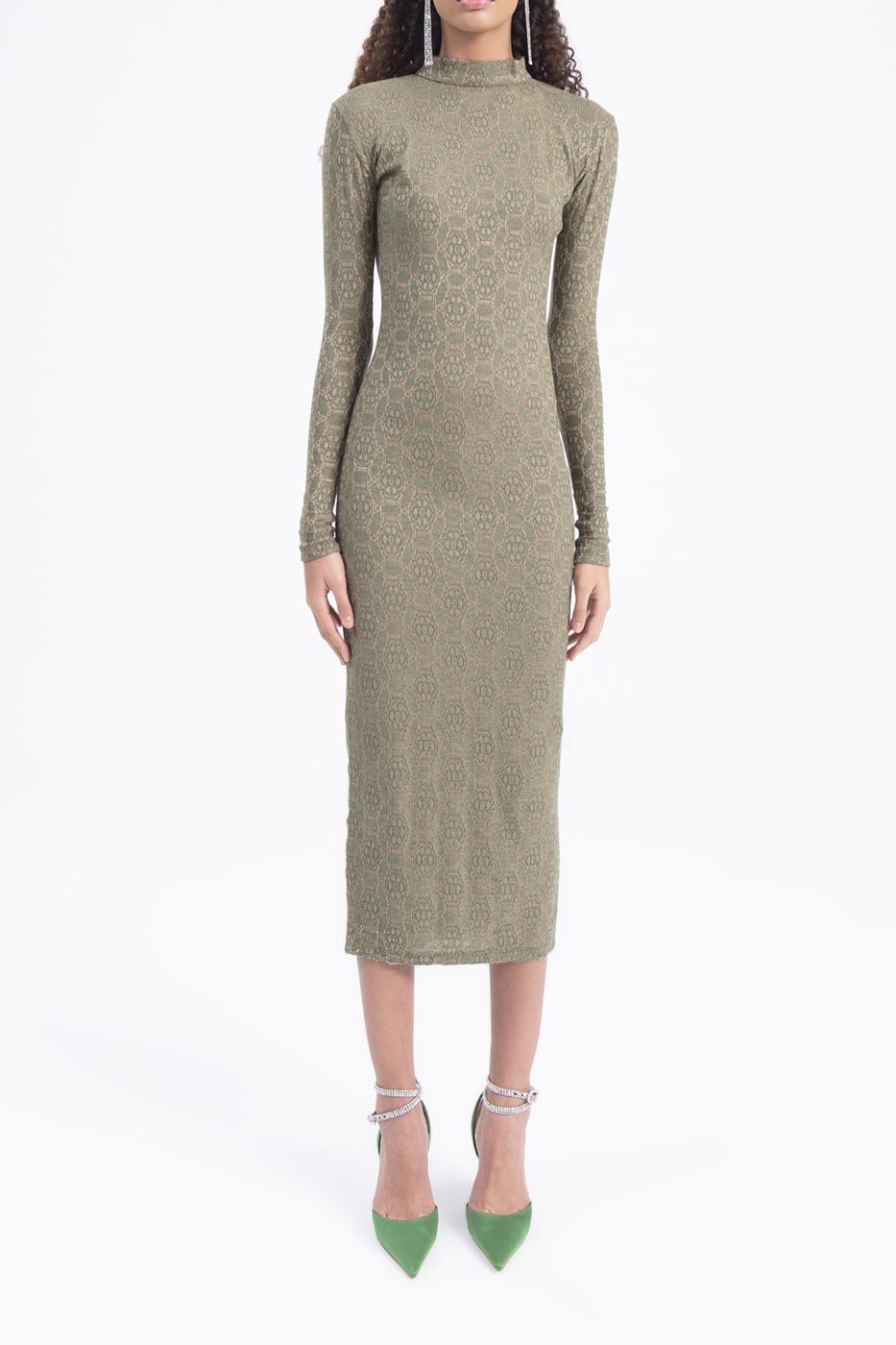 Bayan Yeşil Sırt Dekolteli Midi Kalem Elbise