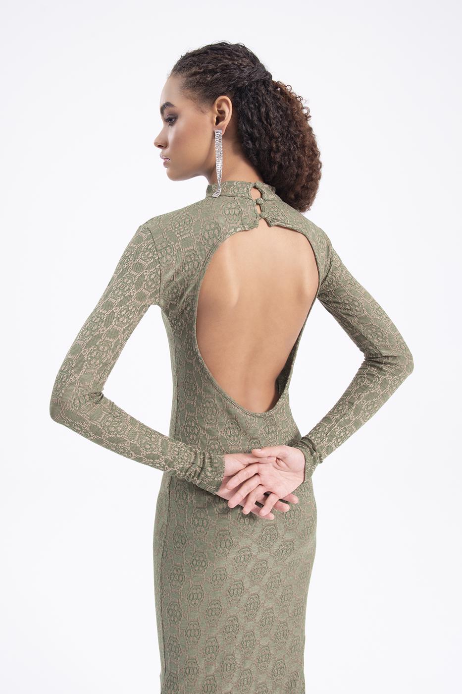 Bayan Yeşil Sırt Dekolteli Midi Kalem Elbise