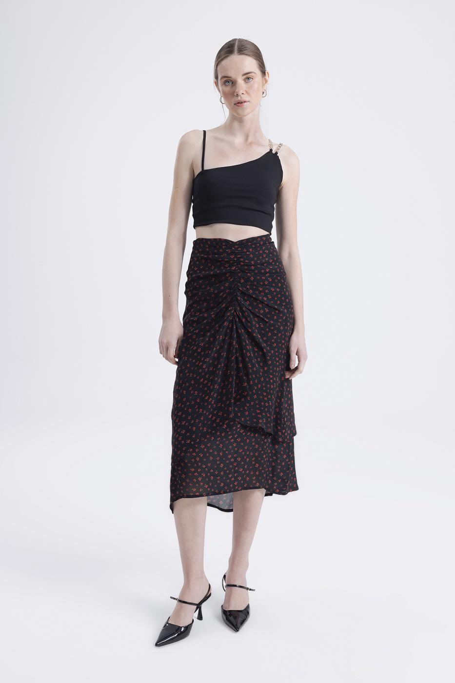 Bayan Siyah Büzgülü Midi Etek