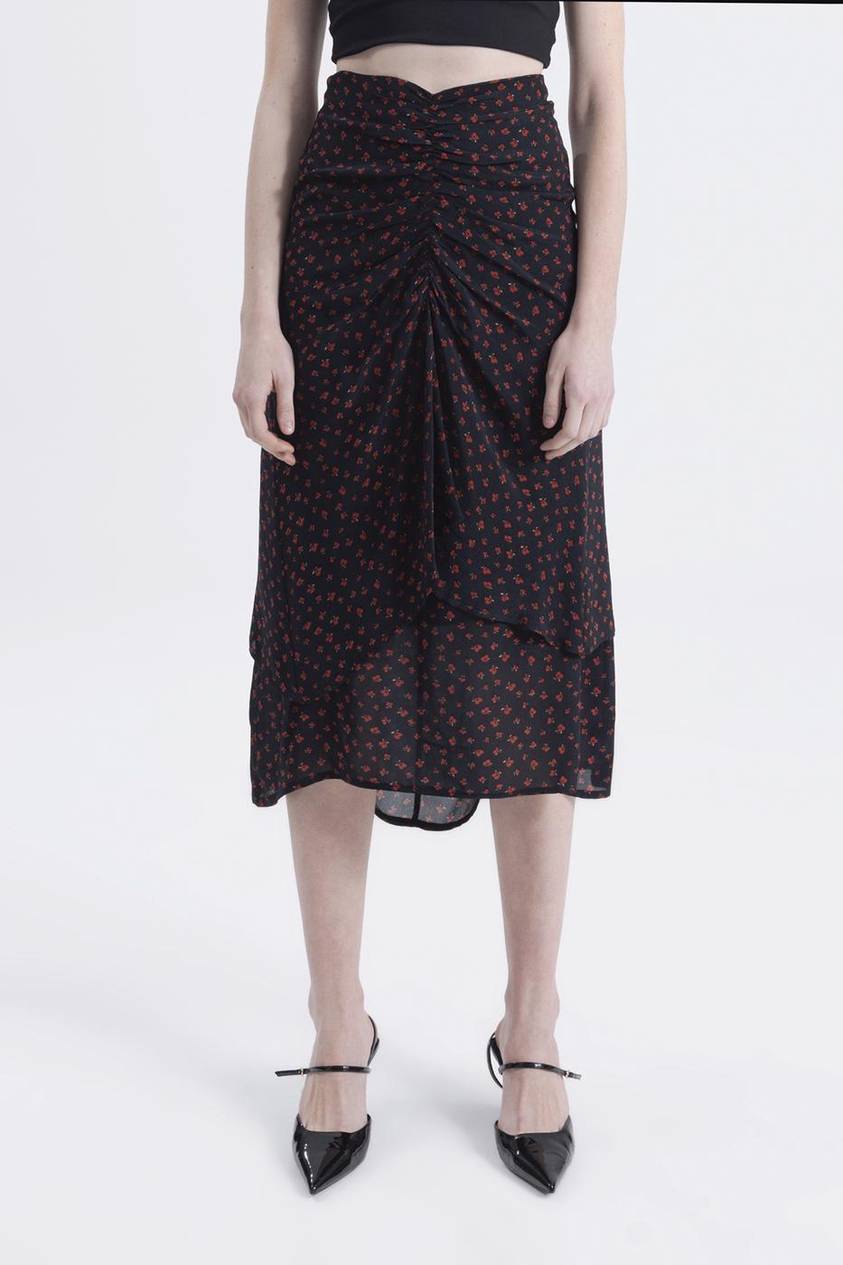 Bayan Siyah Büzgülü Midi Etek