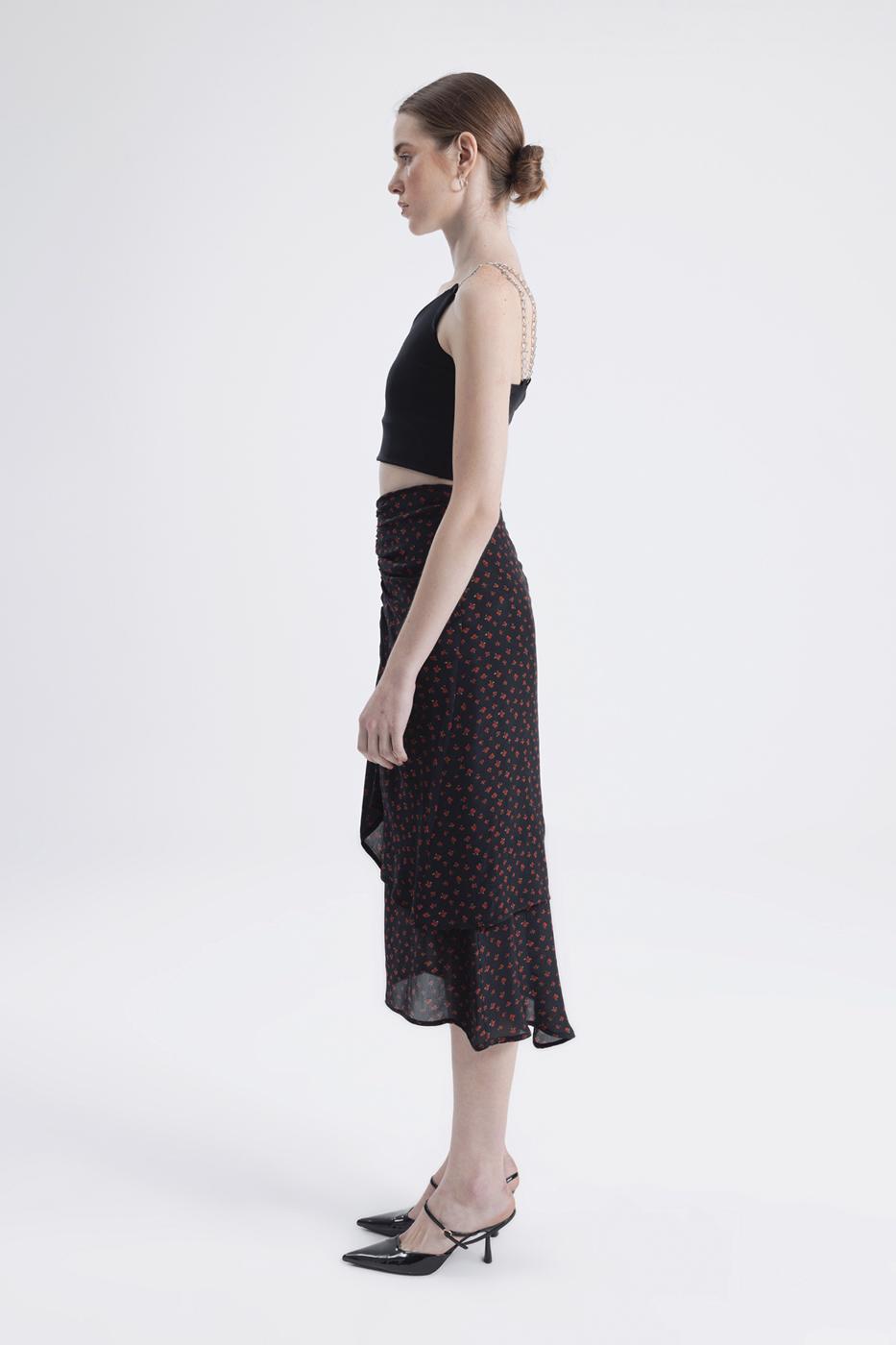 Bayan Siyah Büzgülü Midi Etek