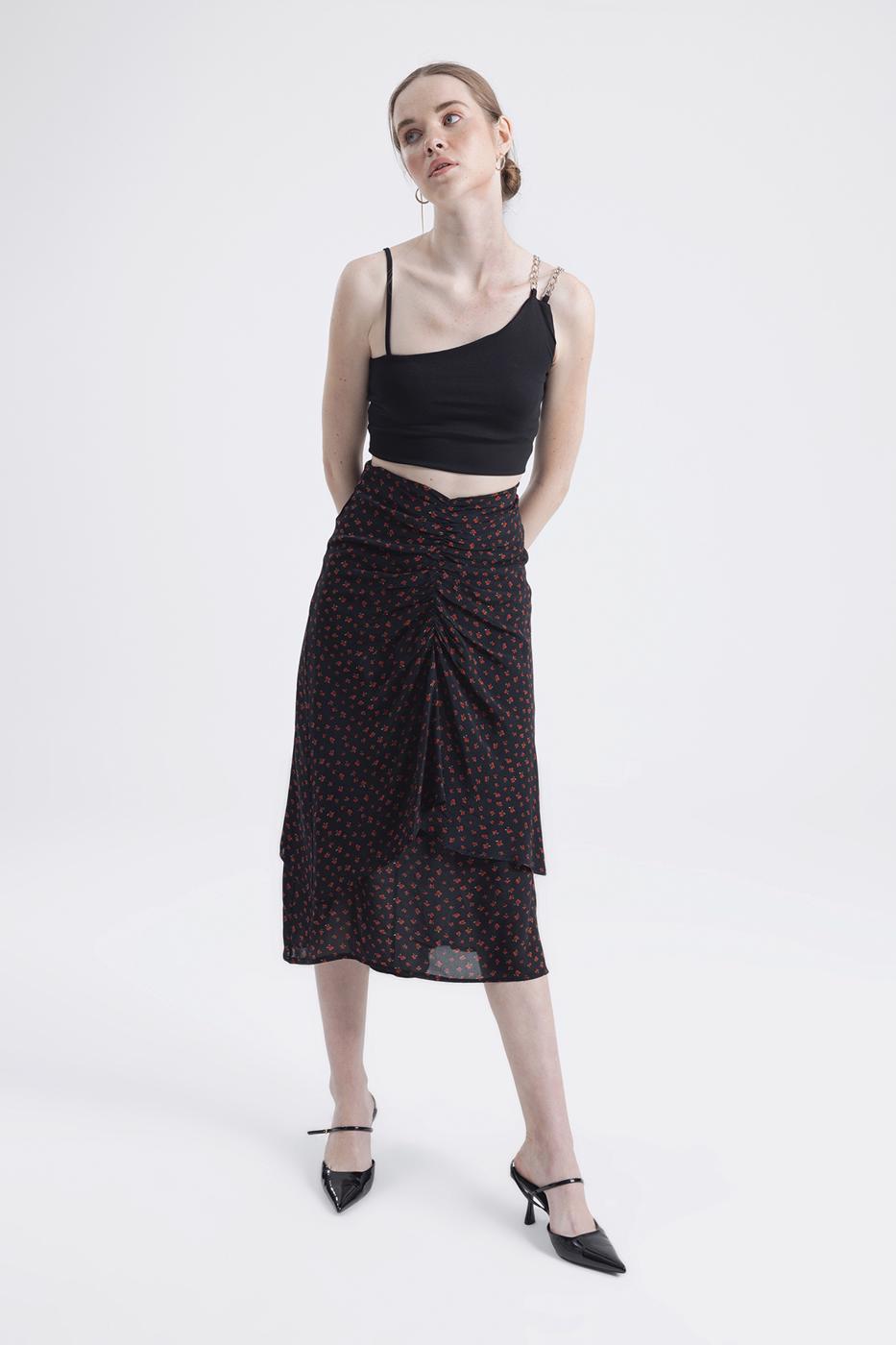 Bayan Siyah Büzgülü Midi Etek