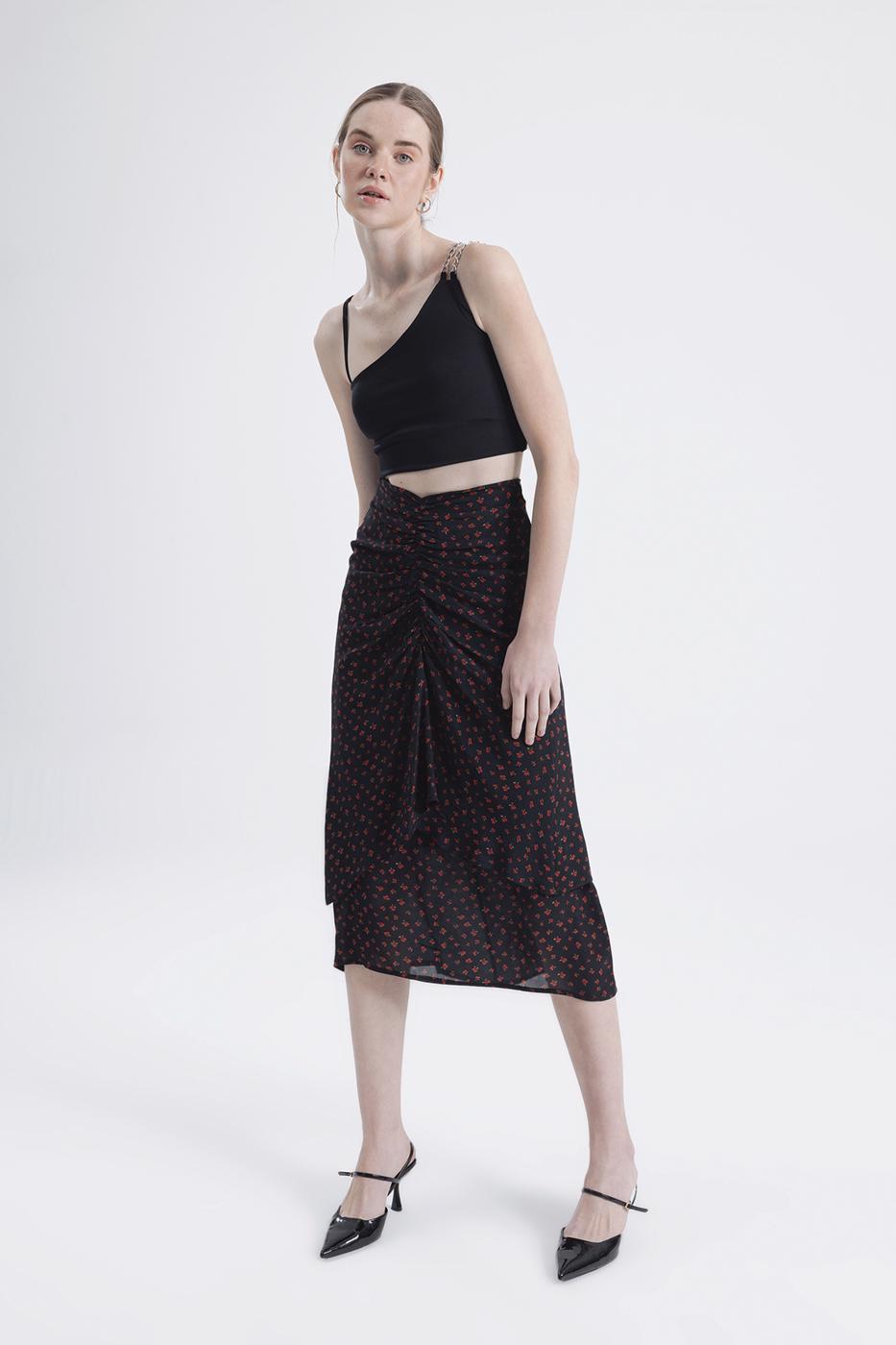 Bayan Siyah Büzgülü Midi Etek