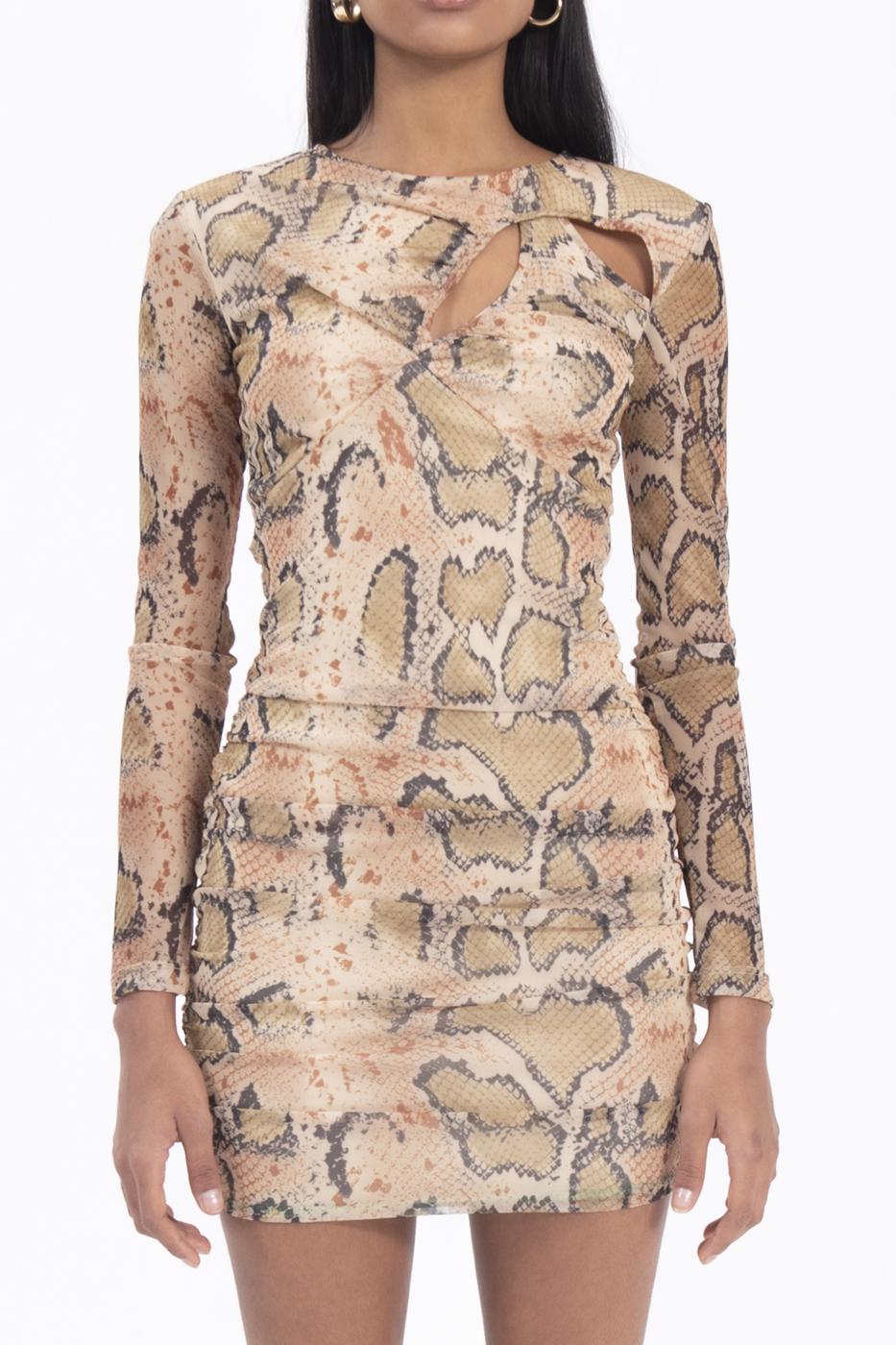 Bayan Bej Yaka Pencere Detaylı Mini Elbise