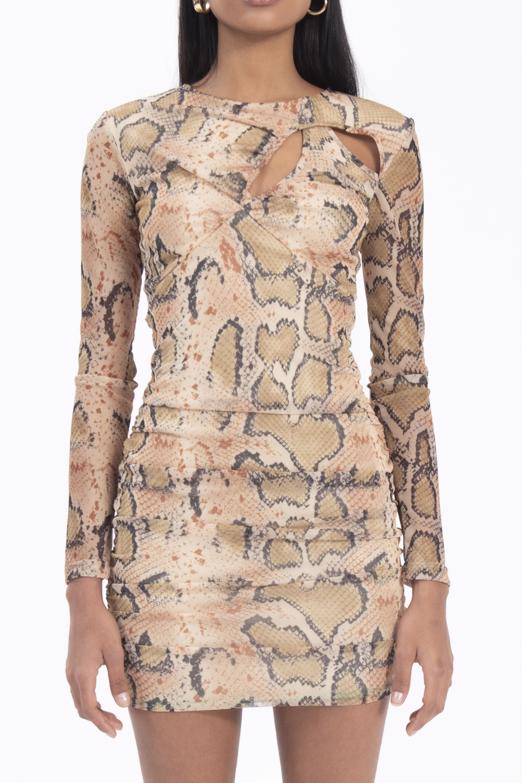 Bayan Bej Yaka Pencere Detaylı Mini Elbise - BSL