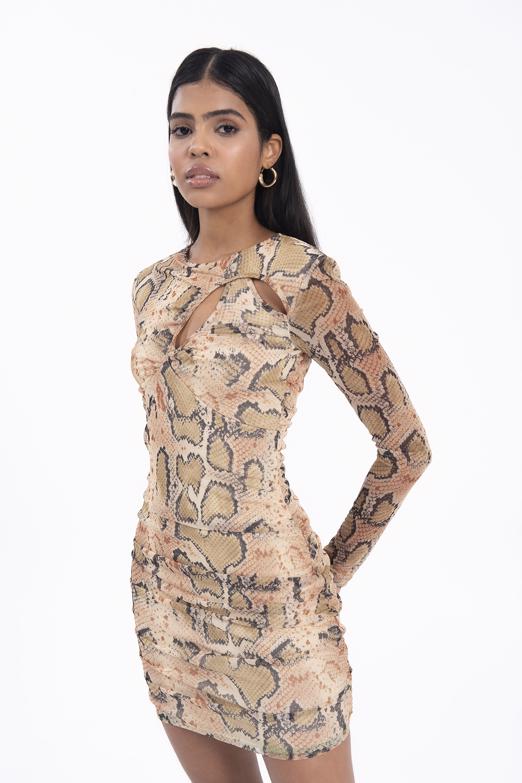 Bayan Bej Yaka Pencere Detaylı Mini Elbise - BSL