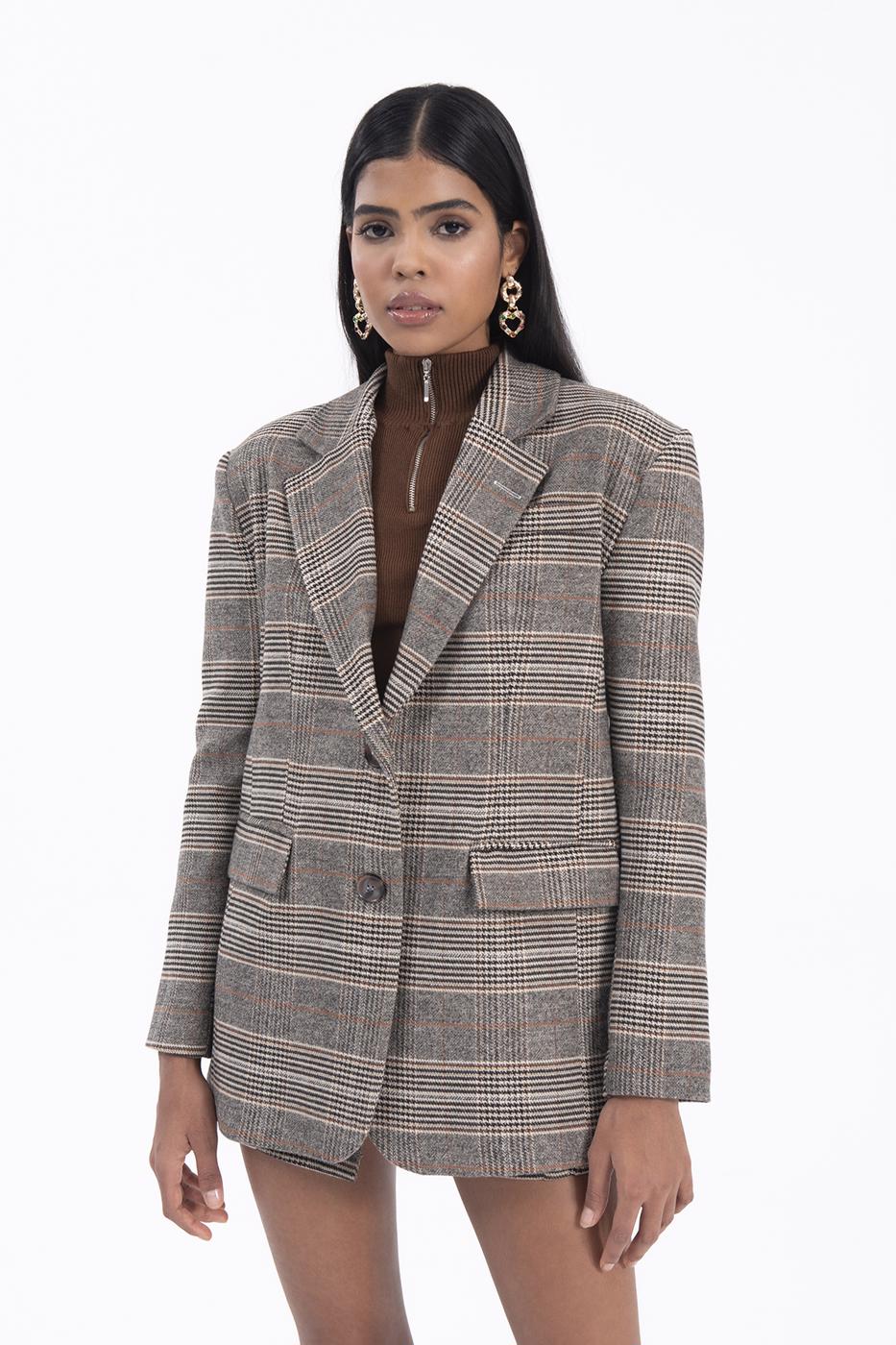 Bayan Bej Ekoseli Blazer Ceket