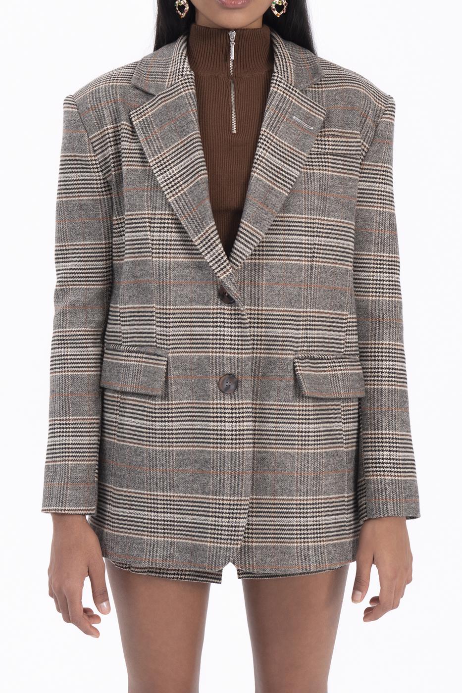 Bayan Bej Ekoseli Blazer Ceket