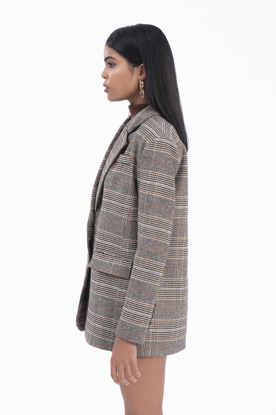 Bayan Bej Ekoseli Blazer Ceket