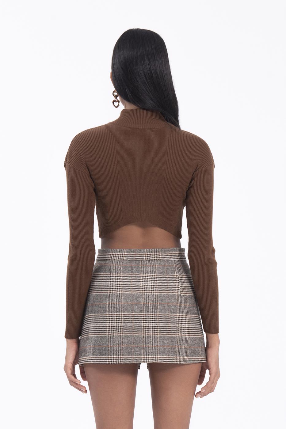 Bayan Bej Ekoseli Toka Detaylı Mini Etek