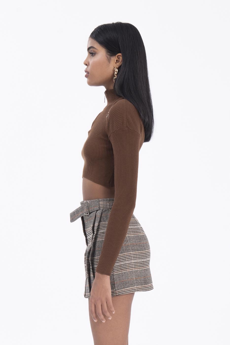 Bayan Bej Ekoseli Toka Detaylı Mini Etek