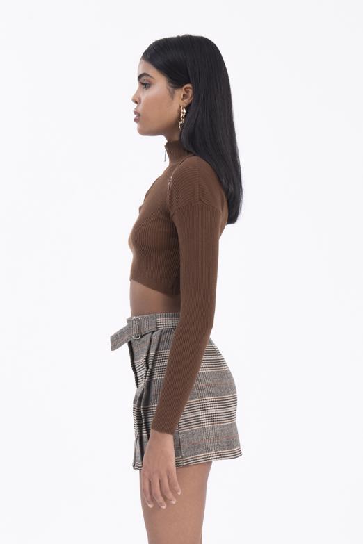 Bayan Bej Ekoseli Toka Detaylı Mini Etek - BSL
