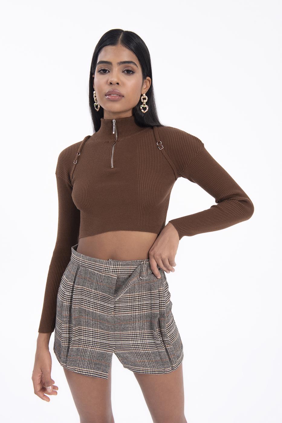 Bayan Bej Ekoseli Toka Detaylı Mini Etek