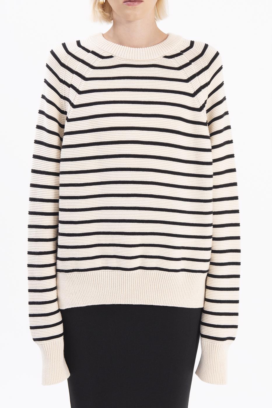 Bayan Ekru Bisiklet Yaka Çizgili Triko Kazak