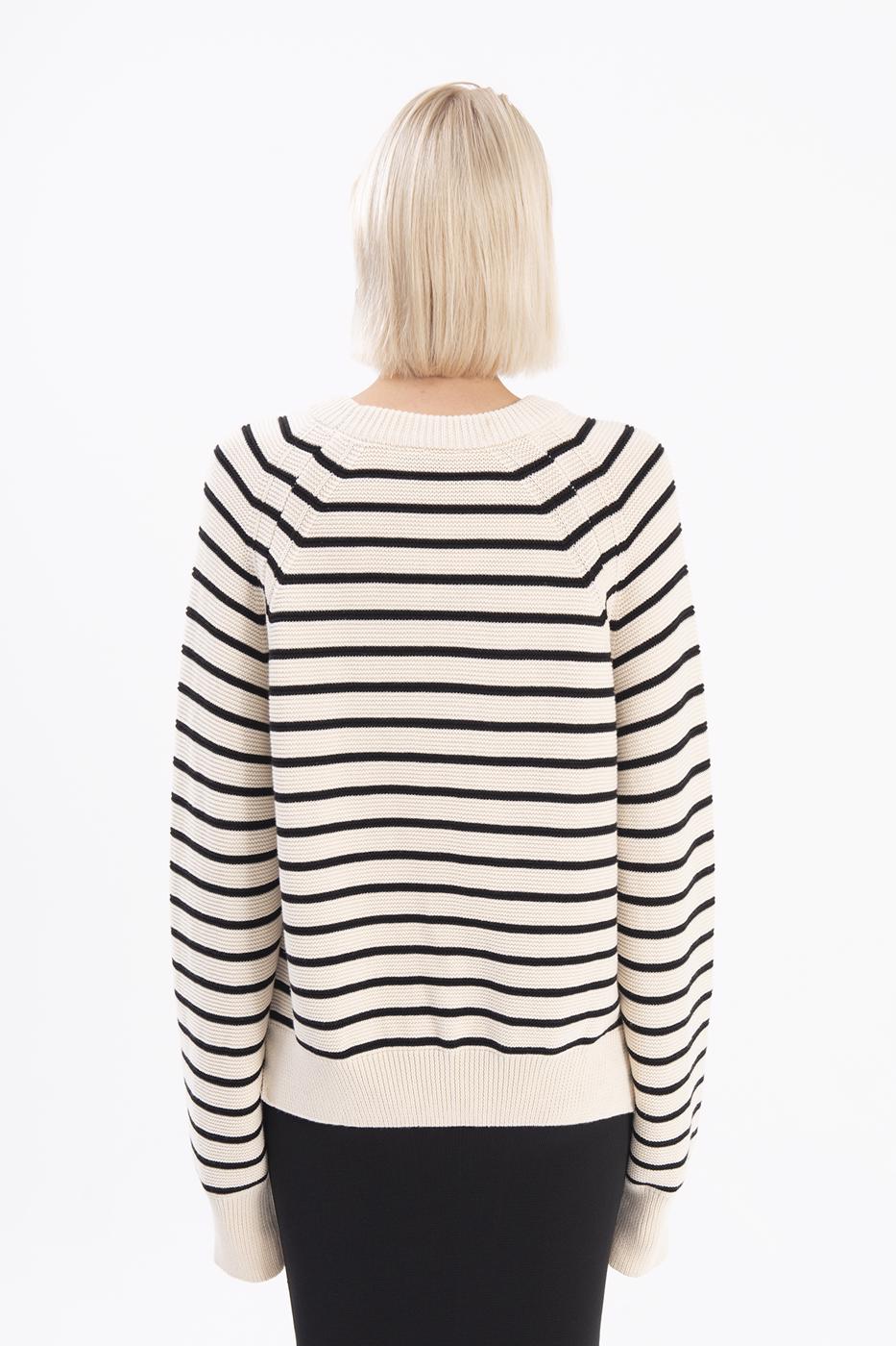 Bayan Ekru Bisiklet Yaka Çizgili Triko Kazak
