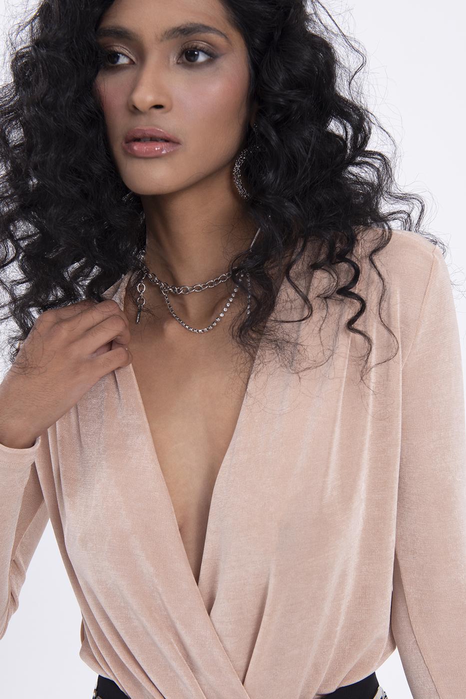 Bayan Bej Kruvaze Yaka Dekolteli Bodysuit